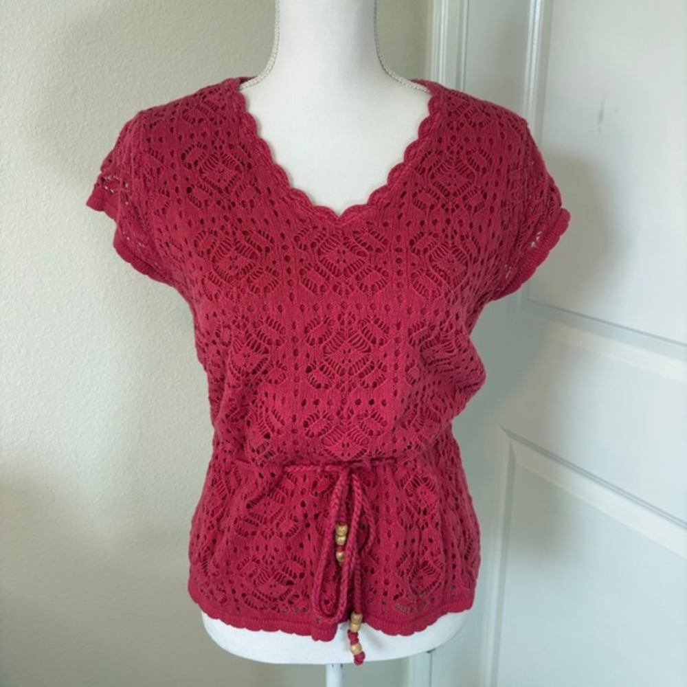 Bay Studio Khakis Pink Cotton Pointelle Knit V-Neck Top Drawstring Waist Large